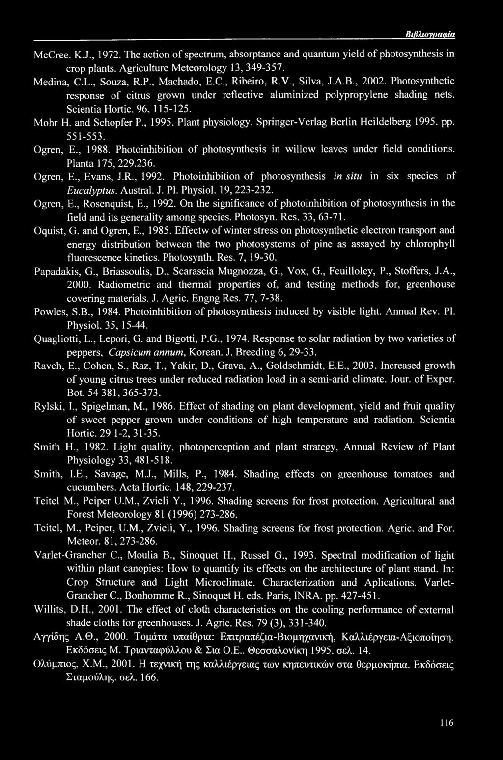 Springer-Verlag Berlin Heildelberg 1995. pp. 551-553. Ogren, E., 1988. Photoinhibition of photosynthesis in willow leaves under field conditions. Planta 175, 229.236. Ogren, E., Evans, J.R., 1992.