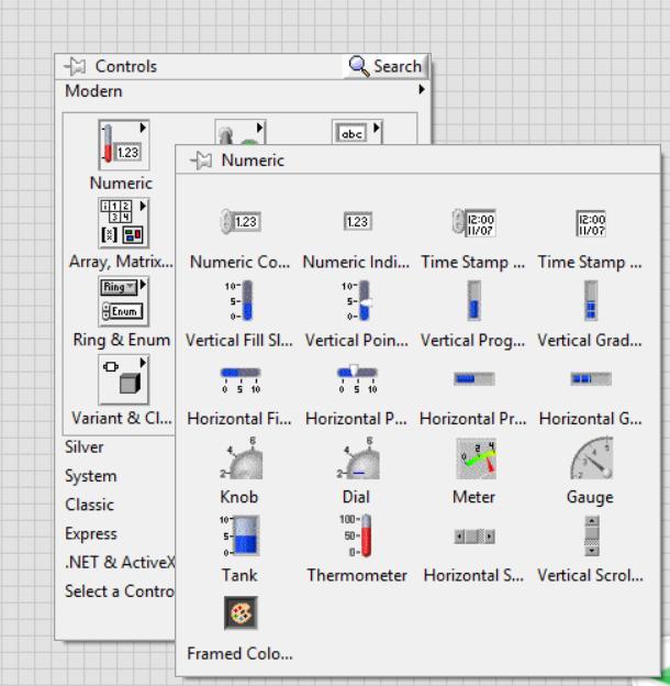 Στη συνέχεια στο front panel από την παλέτα Controls Numeric επιλέγουμε δύο Meter, ένα