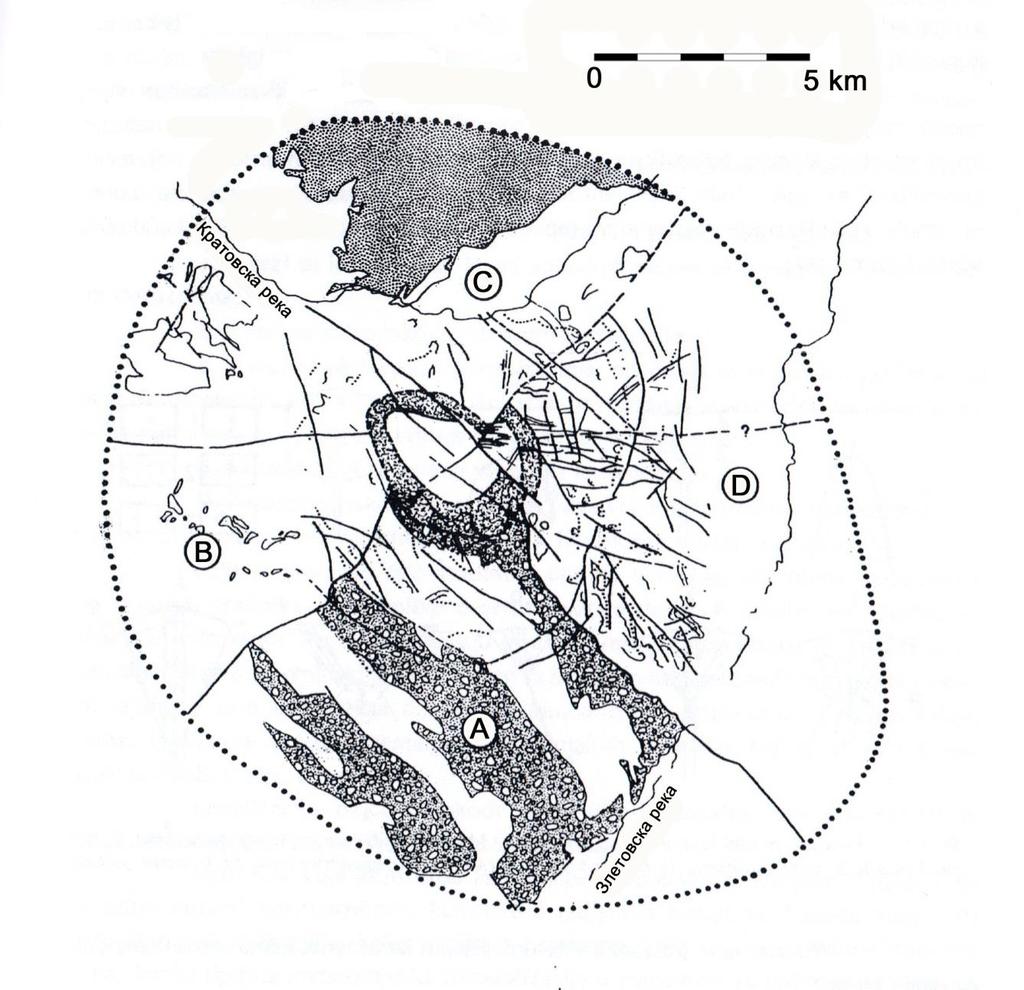.Слика 5. Прстенеста структура на рудното поле Злетово, настаната како последица на издигнувањето на купола. (Петковиќ, 1977) Figure 5.