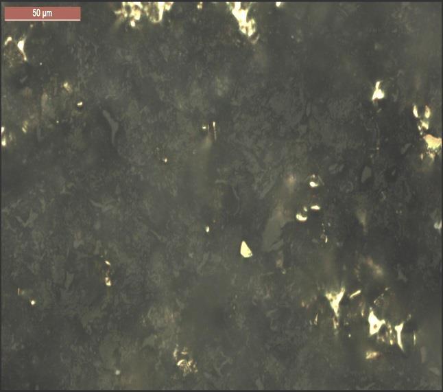 Microphoto of multiphase Au-Agteluride with impurities of arsenic in quartz-pyrite veinlet. Parallel nicols, 3g x 400 II. Слика 34.