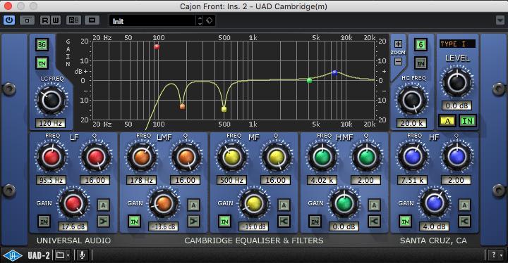 Καχόν Front Εικ.(3.37): UAD2 Cambridge Eq (ρυθμίσεις Cajon Front) Στο μπροστινό μικρόφωνο έγινε μόνο η παραπάνω επεξεργασία. Με ένα Low-Cut μεγάλης κλίσης αποκόπηκαν οι συχνότητες κάτω από τα 120 Hz.