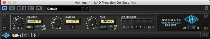 Εικ.(3.41): UAD Precision De-Esser (επεξεργασία αντρικής φωνής) Με το παρόν plug-in επιτεύχθηκε συμπίεση μέγιστο περίπου 4 db από τα 3.
