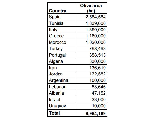 Το Διεθνές συμβούλιο ελιάς υπολογίζει ότι οι εκτάσεις που καλλιεργούνται με ελιές είναι περίπου 10.000.