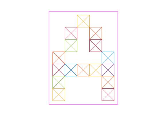Εικόνα 5.1.1. - Χαρακτήρας σε πίνακα matlab 5x7 με plotchar Κάθε τετράγωνο αντιστοιχεί στον άσσο κάποιας θέσης στον πίνακα Χ.