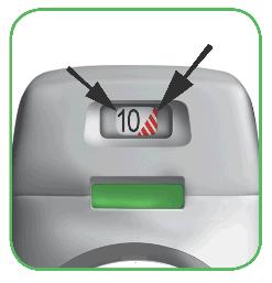 Δείκτης δόσης Κόκκινη ταινία Εικόνα N Πώς μπορείτε να γνωρίζετε ότι η συσκευή εισπνοών σας είναι άδεια; Όταν το πράσινο κουμπί δεν επανέλθει στην ανώτερη δυνατή θέση και ασφαλίσει σε μία ενδιάμεση