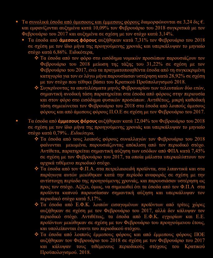 ΕΚΘΕΣΗ Φεβρουάριος 2018 Αποτίμηση Εσόδων Φεβρουαρίου 2018 Τα συνολικά έσοδα από άμεσοους και έμμεσους φόρους διαμορφώνονται σε 3,24 δις.