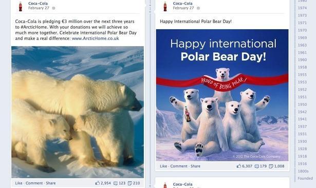 Утицај друштвених мрежа на оглашавање Слика 41: Фејсбук страница компаније Coca-Colа На пример, у последњих 12 месеци, већина објава су промовисале кампању са поларним медведима, као и добротворну