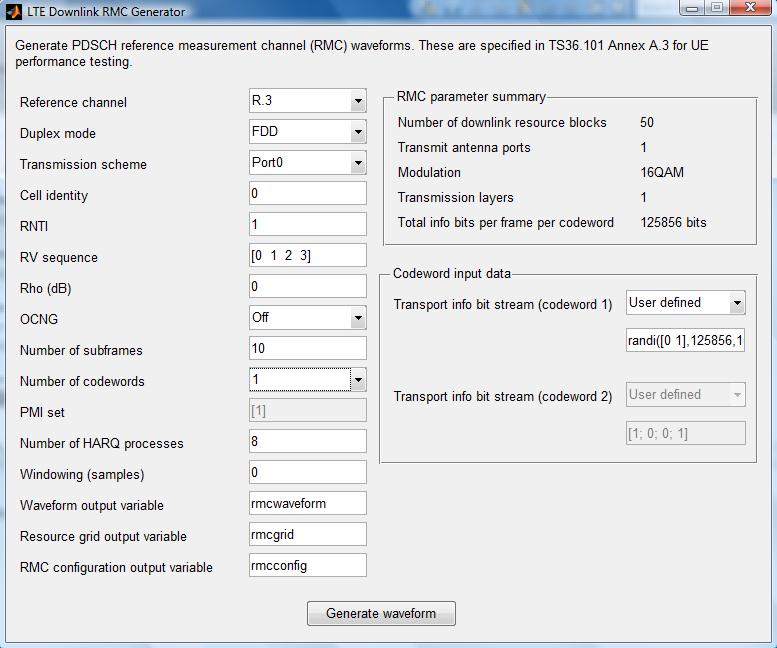 Εικόνα 5-3: Το GUI του Matlab LTE System Toolbox για την παραμετροποίηση της Downlink μετάδοσης με RMC. Τέλος, πρέπει να σημειωθούν κάποιες λεπτομέρειες που αφορούν το πειραματικό πλαίσιο.