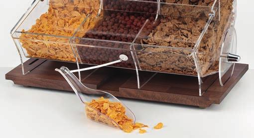 vario buffet scoop bin vario προθηκη muesli & δημητριακων Solid dark wood base. Compact design saves space. High quality clear acrylic body. First in first out flow. Inserted scoop.