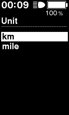 Unit (Μονάδα) Μπορείτε να εναλλάξετε τις μονάδες απόστασης (km/miles). 1. Πατήστε Υποβοήθηση-Υ ή Υποβοήθηση-Z για να μετακινήσετε τον δρομέα στο στοιχείο που θέλετε να διαμορφώσετε.