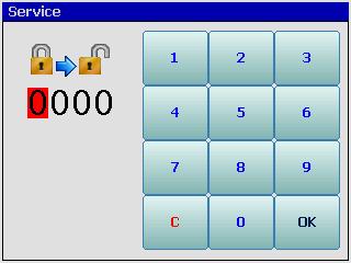 Service vstup do servisného nastavenia. Vstupuje zadaním hesla, ktoré pozostáva zo štyroch číslic, prvé dve sú aktuálny deň (1-31) a druhé dve sú aktuálna hodina (0 23).