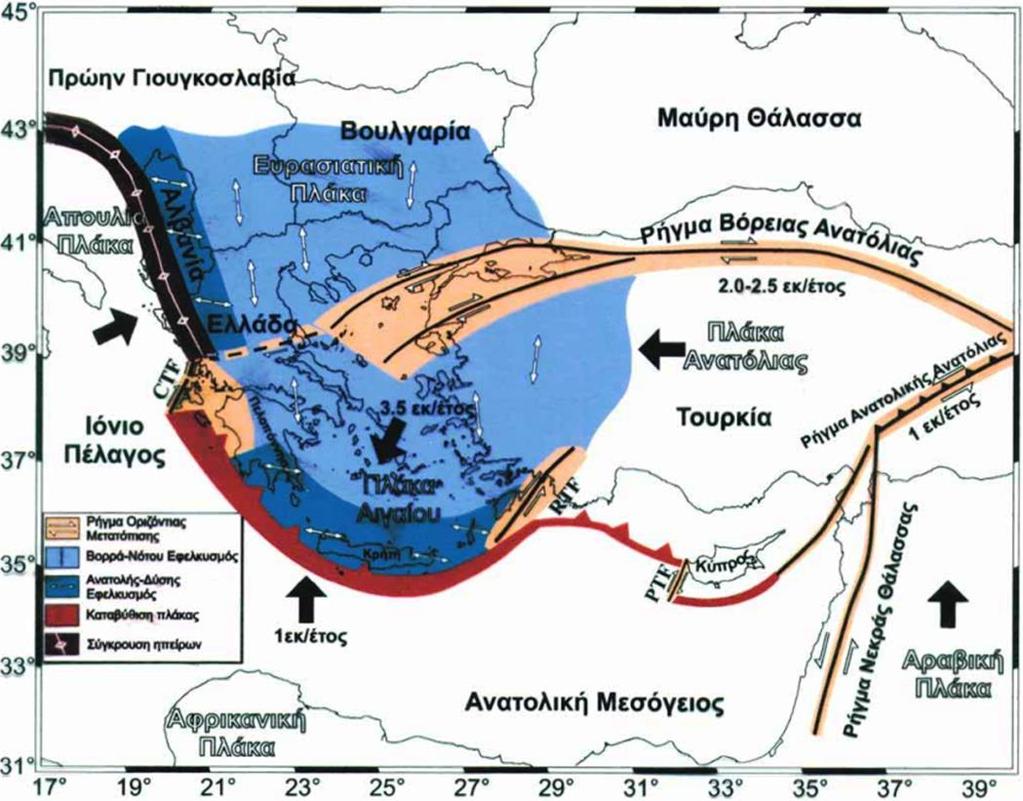 Εικόνα 1: Χάρτης κινήσεων των λιθοσφαιρικών πλακών στον ελλαδικό χώρο και ενεργός γεωδυναμική κατάσταση,