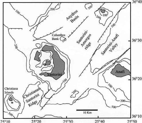 Εικόνα 2: Βαθυμετρικός χάρτης του θαλάσσιου πυθμένα και των μεγάλων ρηγμάτων γύρω από τη Σαντορίνη,