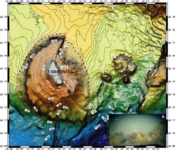 Εικόνα 20: Βαθυμετρικός χάρτης του ηφαιστειακού πεδίου των Χριστιανών με χρήση ισοβαθών των 10 m.