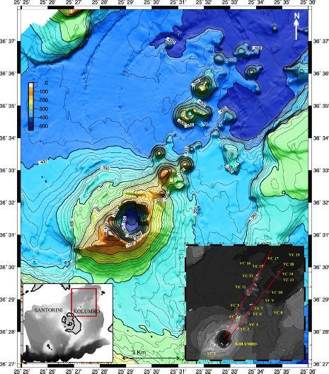 Εικόνα 21: Βαθυμετρικός χάρτης της υποθαλάσσιας ηφαιστειακής αλυσίδας του Κολούμπου με χρήση ισοβαθών των 10 m.