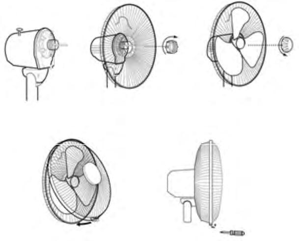 Insert the rear grille to the axis motor and place the supplied nut to secure the rear grille. Place the blade on the axis and place the corresponding nut.