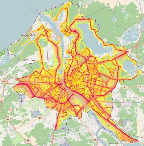 16.attēls. Ceļa satiksmes radītais troksnis Rīgā, diennaktī (avots: http://mvd.riga.