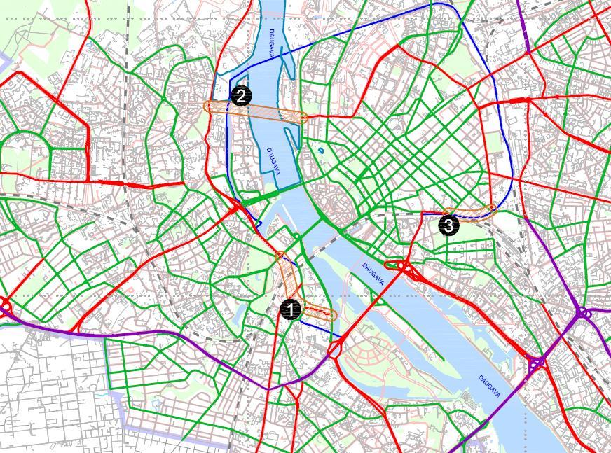 26.attēls. Transporta infrastruktūras shēma Vietas ar rediģētiem risinājumiem fragments Pilsētas ārējā loka pilnveidošanai nepieciešams (27.attēls): 1. Dienvidu tilta 4.