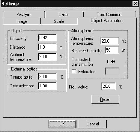 o termogramu u realnom vremenu, zaustavljenom prikazu ili prikazu s diska, potrebno je postaviti parametre objekta (emisijski faktor, temperatura okoliša, temperatura okolišnje atmosfere, relativna