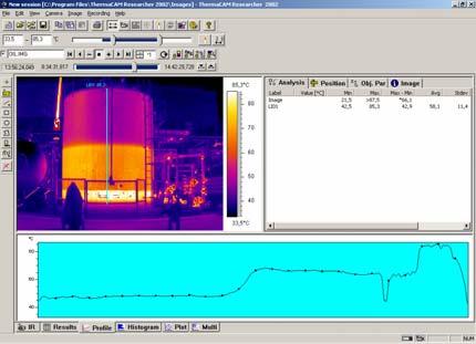 Slika 11 Termografska snimka spremnika s vertikalnom linijskom temperaturnom raspodjelom Slika 12 Procjena stanja strukture zida građevine s pomoću