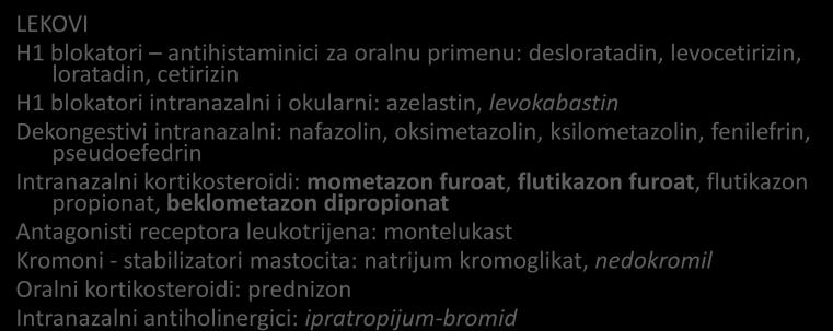 lečenje LEKOVI H1 blokatori antihistaminici za oralnu primenu: desloratadin, levocetirizin, loratadin, cetirizin H1 blokatori intranazalni i okularni: azelastin, levokabastin