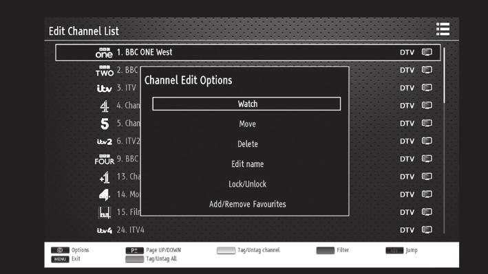 4 Customising TV Settings Editing the Channel List You can move, delete, edit the name of or lock channels in the EDIT CHANNEL LIST menu. 1.
