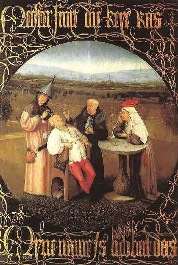 Ιερώνυμος Μπος, Η θεραπεία της τρέλας, 1480 (Μουσείο Πράντο, Μαδρίτη). Αλληγορία της δεισιδαιμονίας και της άγνοιας. Στον Μεσαίωνα, ο θεοκρατικός δογματισμός κατέπνιξε τον κοινωνικό στοχασμό.