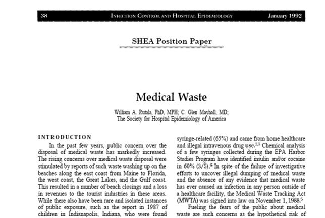 Evidence base for health care waste and