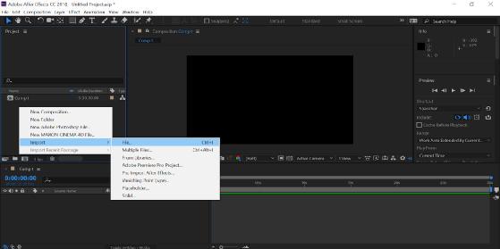 Εισαγωγή αρχείων με συντόμευση δεξί κλικ > Import Η εισαγωγή αρχείων στο After Effects είναι ιδιαίτερη διαδικασία όσο αφορά τον τύπο αρχείο που πρέπει να εισάγουμε για το