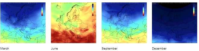Για την ευρωπαϊκή ήπειρο, υπάρχουν κλιματολογικά δεδομένα από 566 μετεωρολογικούς σταθμούς (πηγή: (Atlas)), που δίνουν δυνατότητα σύγκρισης της γεωγραφικής θέσης και των μηνιαίων τιμών της ολικής G