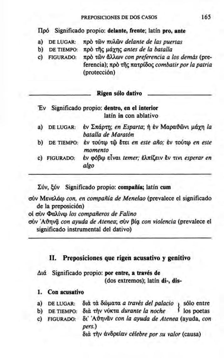 Πρό PREPOSICIONES DE DOS CASOS 163 Significado propio: delante, frente; latín pro, ante a) DE LUGAR: πρό τών πυλών delante de las puertas b) DE TIEMPO: προ τής μάχης antes de la batalla c) FIGURAI»: