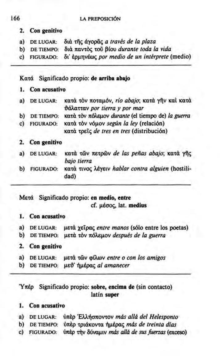 166 ΙΑ PREPOSICIÓN a) DE LUGAR; 5iá Tfíi; áy0pci<5 a través de la plaza b) DE TIEMPO: 5iá Jtavi»; toc piou durante toda a vida c) FIGURADO: 6i' Épjinváto^ por medio de un intérprete (medio) Κατά