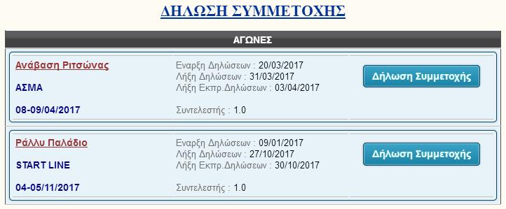 Εμφανίζεται μια λίστα από αγώνες για τους οποίους έχει δοθεί έγκριση