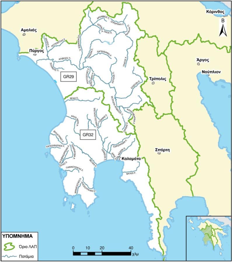 Σχήμα 3.6: Κυριότεροι ποταμοί Υδατικού Διαμερίσματος Δυτικής Πελοποννήσου (οδηγία 2000/60 ΕΚ) Λιμναία υδατικά συστήματα Αντίστοιχα στον παρακάτω πίνακα ( Πίνακας 3.