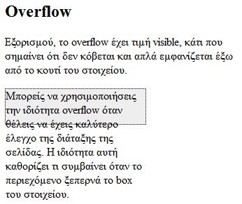 13. Στη συνέχεια ορίζεται, θα μπορούσε και να μην οριστεί, η εξορισμού τιμή της overflow, visible. <title> Επίδειξη overflow </title> href="overflow.