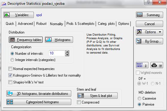 Odabirom tipke Frequency tables možete prikazati raspodjelu frekvencija u okviru odabrane varijable.