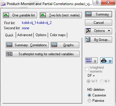 Rad u programu za statističku obradu podataka STATISTICA Slika 36. Prozor Product-Moment and Partial Correlations za računanje korelacija.
