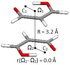 Геометрије минимума енрегије за хоризонтално померање дуж правца нормалног на Ω-С за димере cis-3-хидроксиакролеина, cis-3-аминоакролеина и Z- 2-хидразинилиденацеталдехида.
