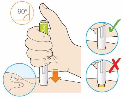 Πιέστε και κρατήστε σταθερά τη συσκευή τύπου πένας πάνω στο δέρμα σας, έως ότου να μη φαίνεται πλέον το κίτρινο κάλυμμα ασφαλείας.