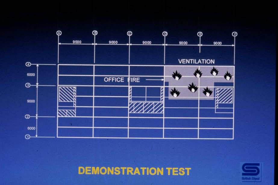 Test 6: Compartiment interior (2) Scop: evaluarea comportarii structurii intr-un scenariu real de incendiu - Compartimentare pe 154mp cu pereti zidarie intr-un colt; sarcina termica provenita din
