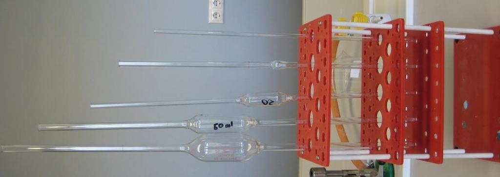 A) B) Joonis 14. Mahtpipetid. Joonisel A) on toodud mahtpipeti üldskeem ja joonisel B) erineva suurusega mahtpipetid statiivil.