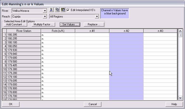 Избором падајућег менија Tables и наредбе Manning s n or k values, отвара се прозор у којем се могу врло брзо унети вредности овог коефицијента.