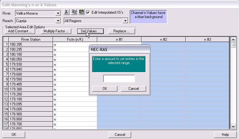 Затим притиснути тастер Set Values и у новоотворени прозор унети вредност Манинговог коефицијента отпора која одговара, на пример, протоку мале воде, притиснути дугме ОК у мањем, а потом и у већем