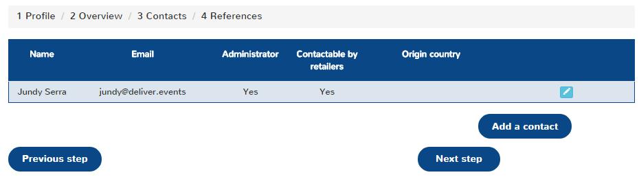 All vendors This step allows you to indicate all points of contact from your company, with 2 specific attributes : vendor contacts with administrator rights who can edit the vendor profile (