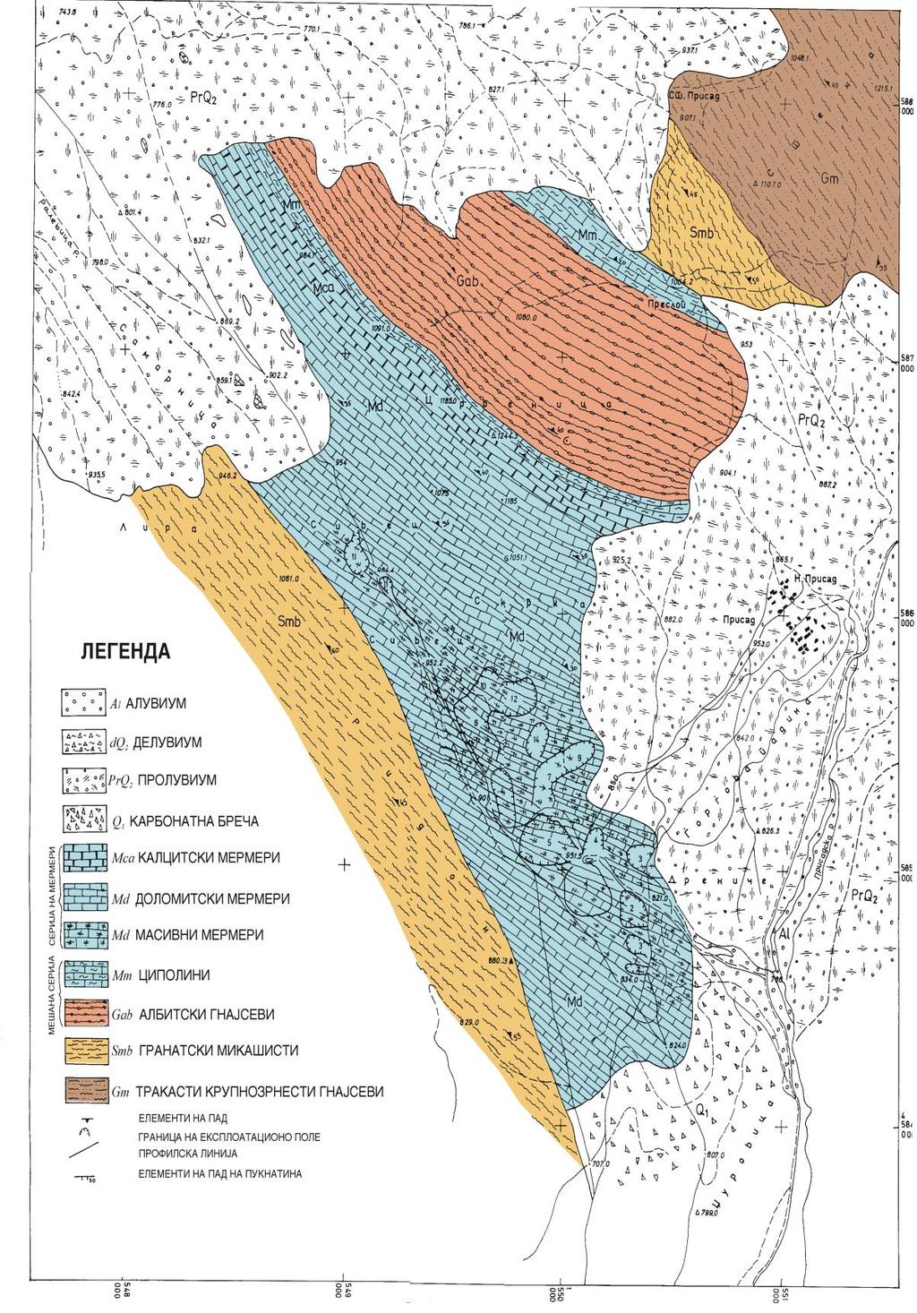 Slika 8. Geolo{ka karta na po{irokata okolina na Sivec R=1:20000 (O.