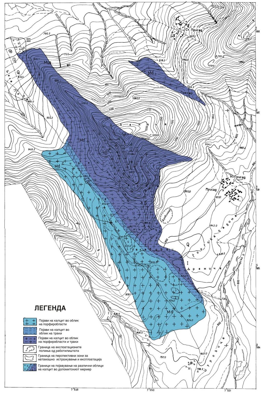 Slika 9. Karta na pojavi na kalcitot vo dolomitskite mermeri vo {irokata okolina na Sivec R=1:20000 (O.