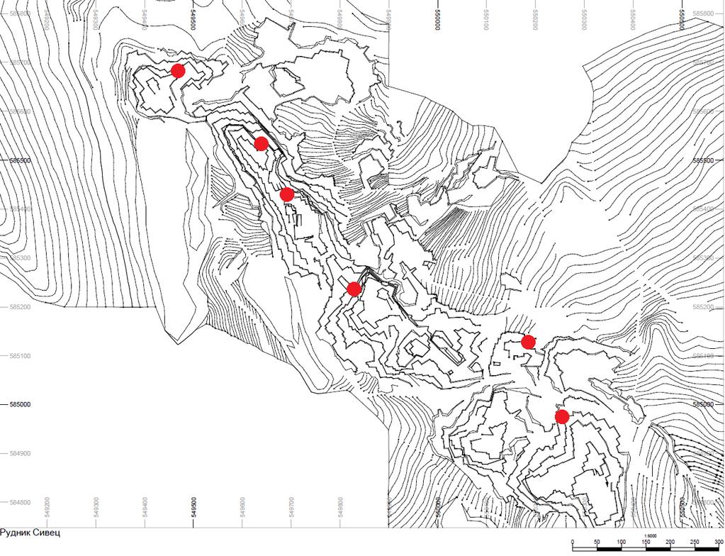 Slika 31. Karta so topografska osnova na nao ali{teto SIVEC so mesta od kade se zemeni probite za geohemiski ispituvawa R=1:7500. Figure 31.