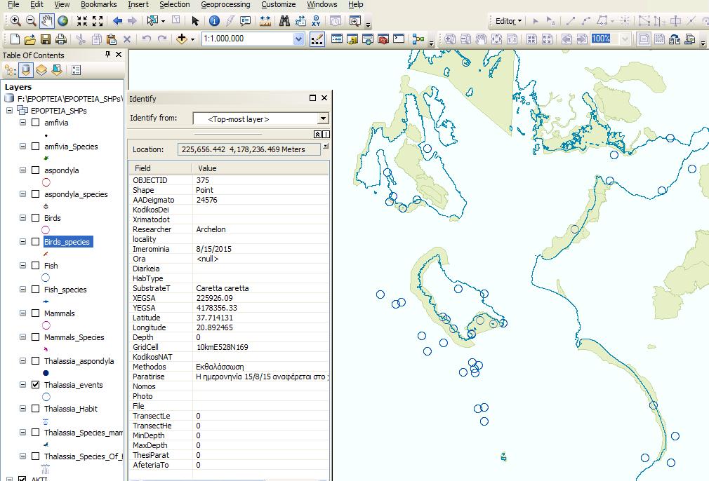 Χαρτογραφική απεικόνιση των σημείων δειγματοληψίας θαλάσσιων ειδών και παρουσίαση της πληροφορίας που παρέχεται για κάθε σημείο δειγματοληψίας Από