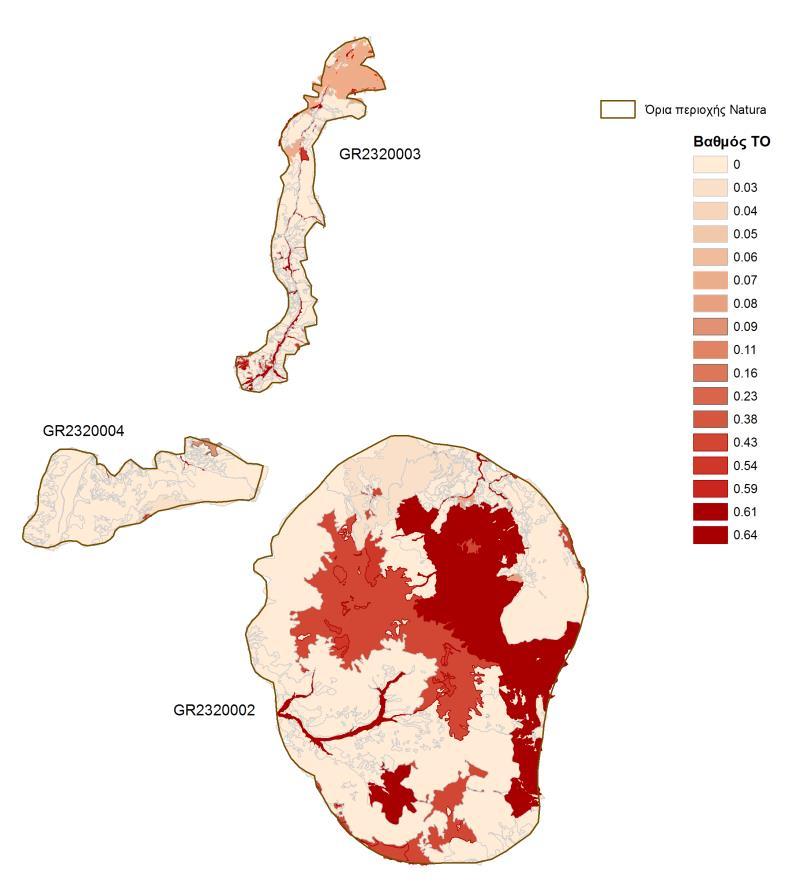 Χάρτης15. Χαρτογράφηση των τύπων οικοτόπων στην περιοχή Χελμού και απεικόνιση του αποτελέσματος εφαρμογής της βαθμολόγησης επί των τύπων οικοτόπων.