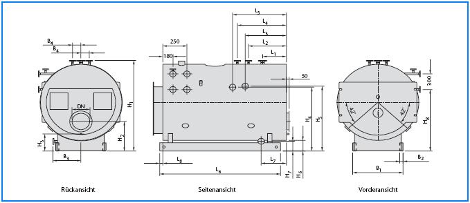Tehnički opis 3 Detaljne dimenzije Pogled straga Bočni pogled Pogled sprijeda 21/1 Detaljne dimenzije kotlova Logano SHD615 (mjere su u mm) Veličina kotla 350 500 800 1250 B 3 mm 450 500 500 500 B 4